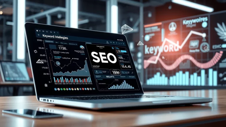 Bureau moderne avec technologie d'intelligence artificielle et analyse SEO