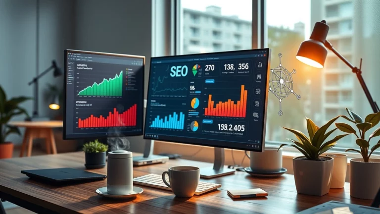 Un bureau moderne axé sur le SEO et l'analyse prédictive avec des écrans affichant des données