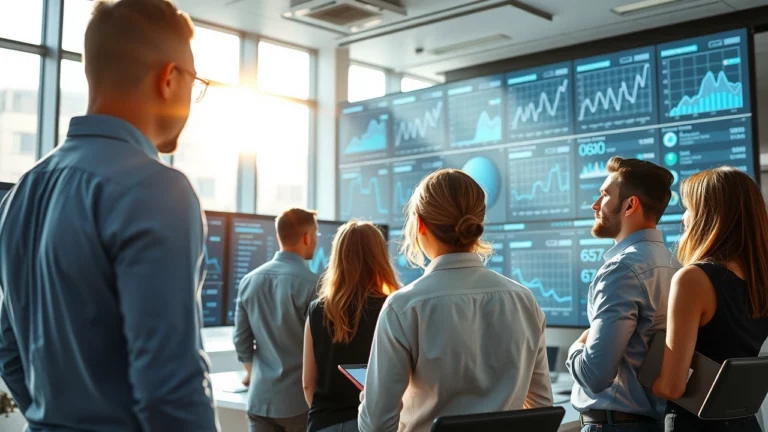 Un bureau futuriste avec des professionnels utilisant l'intelligence artificielle pour des prévisions SEO.