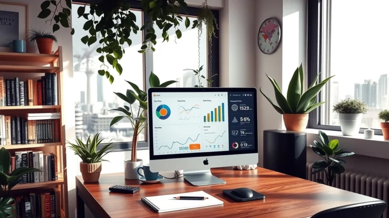 Un espace de travail moderne avec un ordinateur affichant des analyses SEO, entouré de plantes. La lumière naturelle éclaire la pièce.