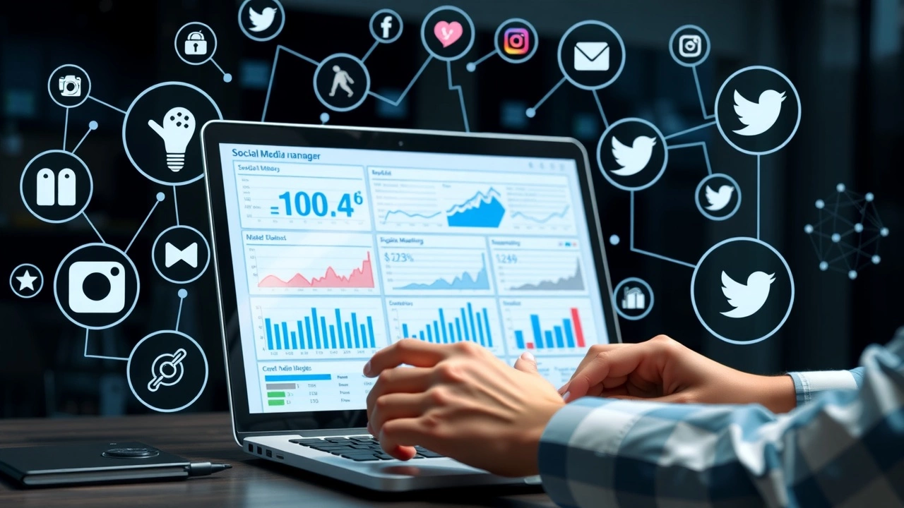 gestionnaire des reseaux sociaux avec un ordinateur et des graphiques
