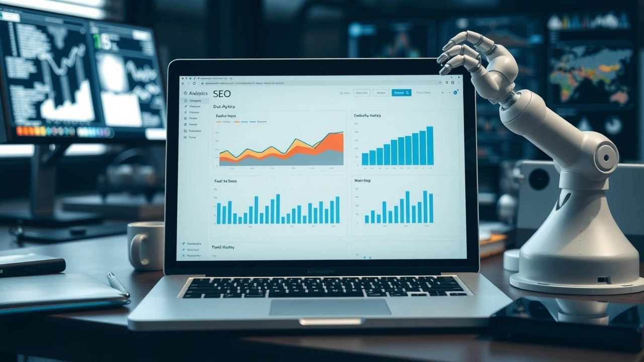 ordinateur portable affichant des graphiques SEO et IA