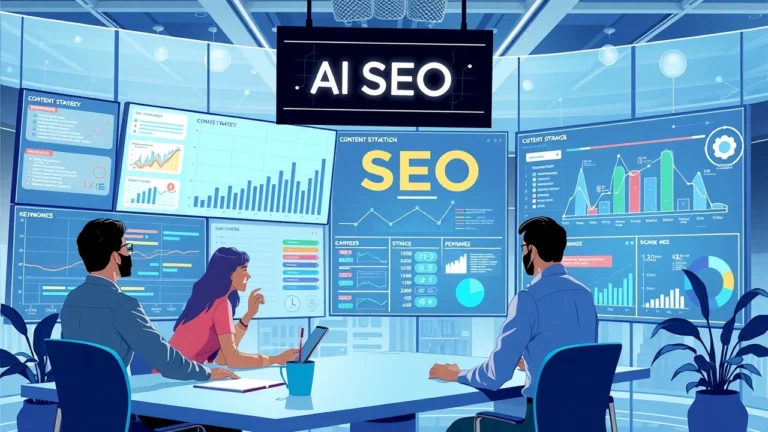 Illustration des principes de base du SEO IA et de l'optimisation de la stratégie de contenu.