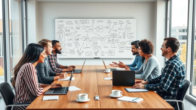 Groupe divers de personnes collaborant sur la creation de contenu dans un bureau moderne.