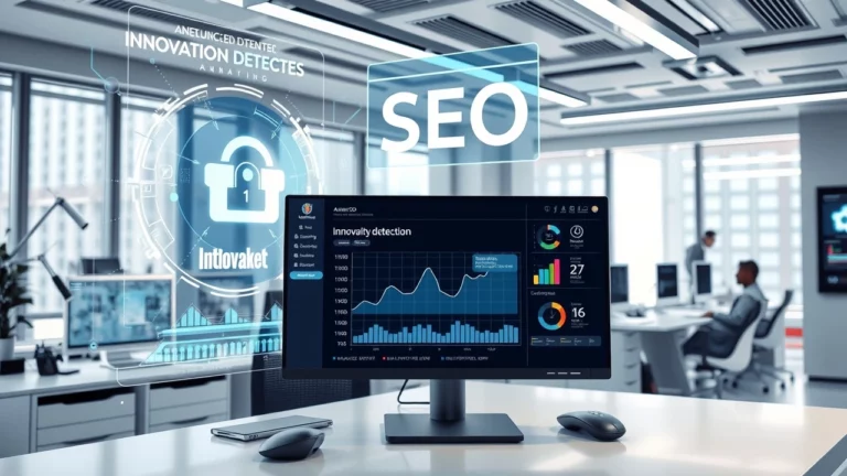 Bureau futuriste avec intelligence artificielle pour le SEO