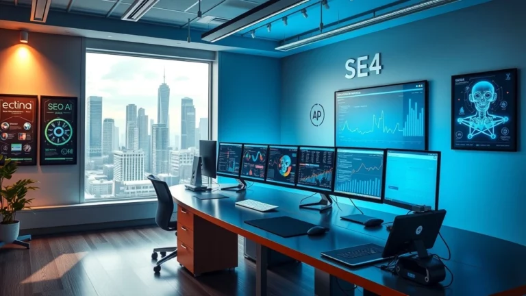 Un bureau moderne avec des ordinateurs affichant des analyses de référencement futuristes.