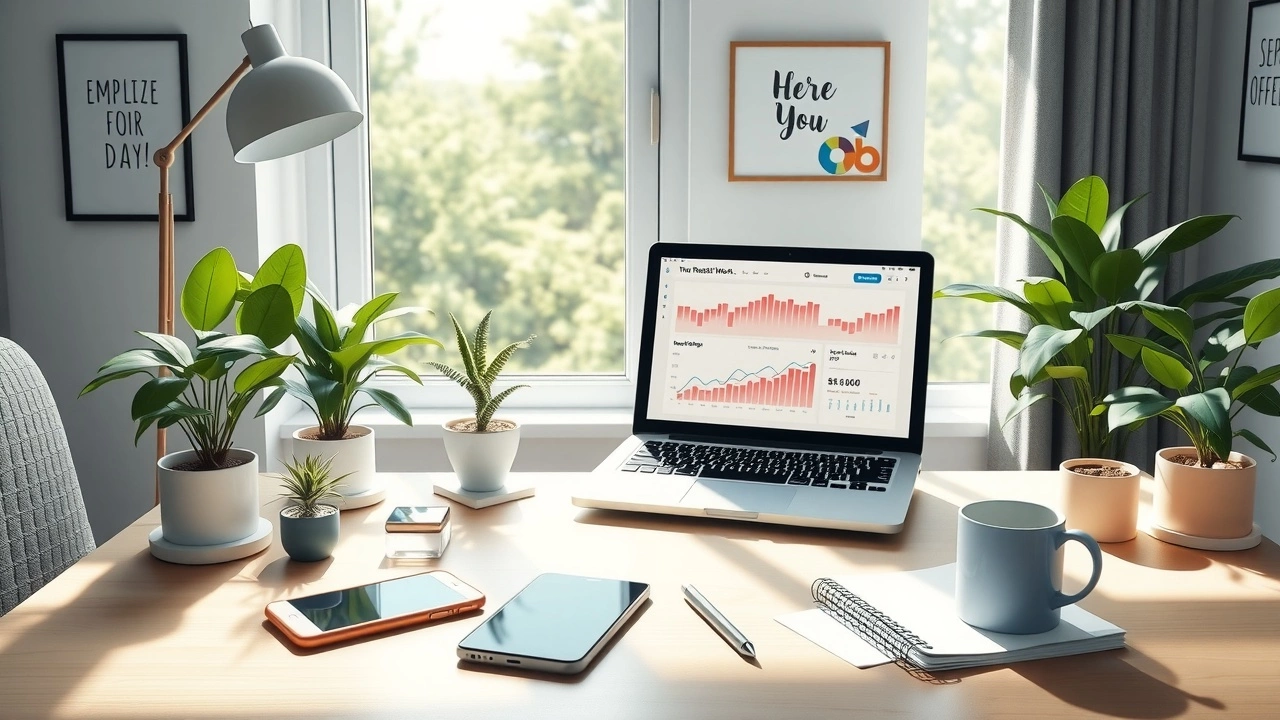 Un bureau moderne avec un ordinateur portable, des graphiques, et des plantes, illustrant l'optimisation du SEO pour le télétravail.