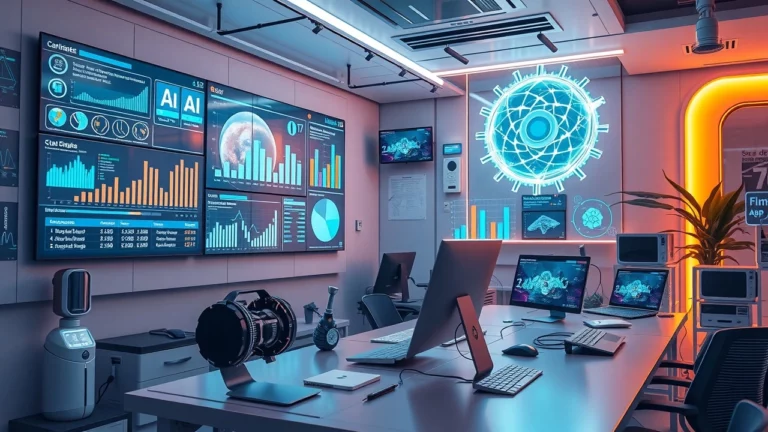 Une scène futuriste avec l'intelligence artificielle intégrée aux nouvelles technologies pour innover le SEO.