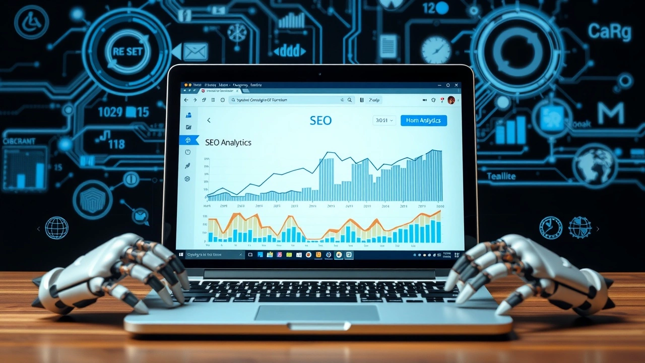 ordinateur portable avec analyses SEO et éléments d'IA