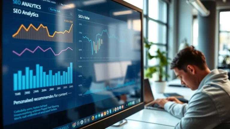 Une scène d'une personne travaillant sur un ordinateur avec des analyses SEO sur l'écran.