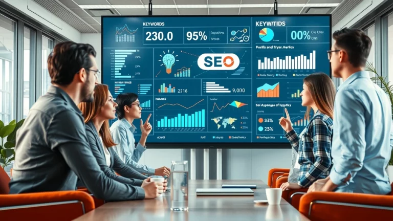 Bureau moderne avec des professionnels analysant des tendances SEO et des données analytiques.