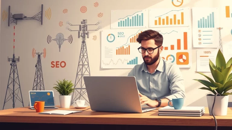 Un expert en marketing numérique analysant des données sur un ordinateur portable, entouré de symboles de télécommunications.