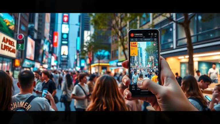 Une vue urbaine animée avec des personnes interagissant avec la réalité augmentée.