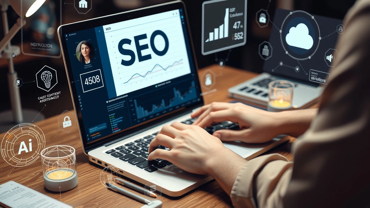 une personne analysant des données SEO avec des outils dIA