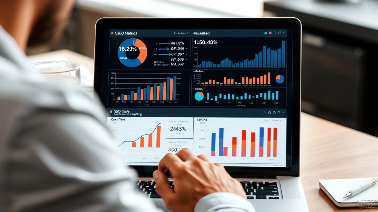 person analysant des metriques SEO sur un ordinateur