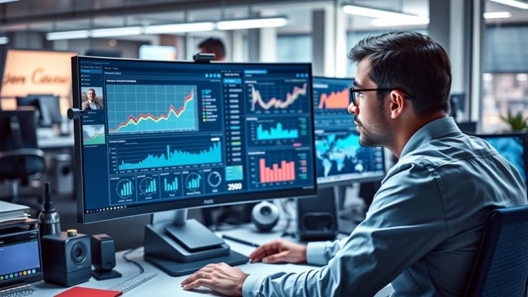 Une personne analyse des données de performance SEO sur un écran d'ordinateur, entourée de graphiques et de tableaux numériques.