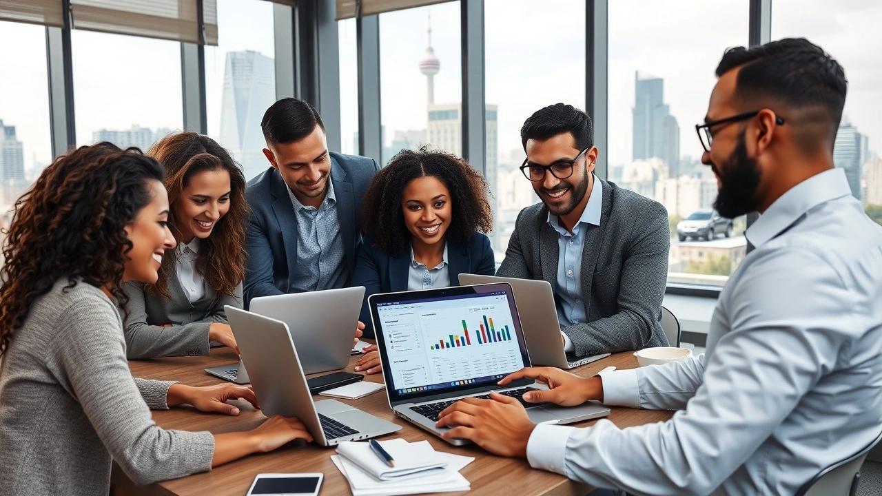 Une équipe diversifiée analysant des données de recherche dans un bureau moderne.