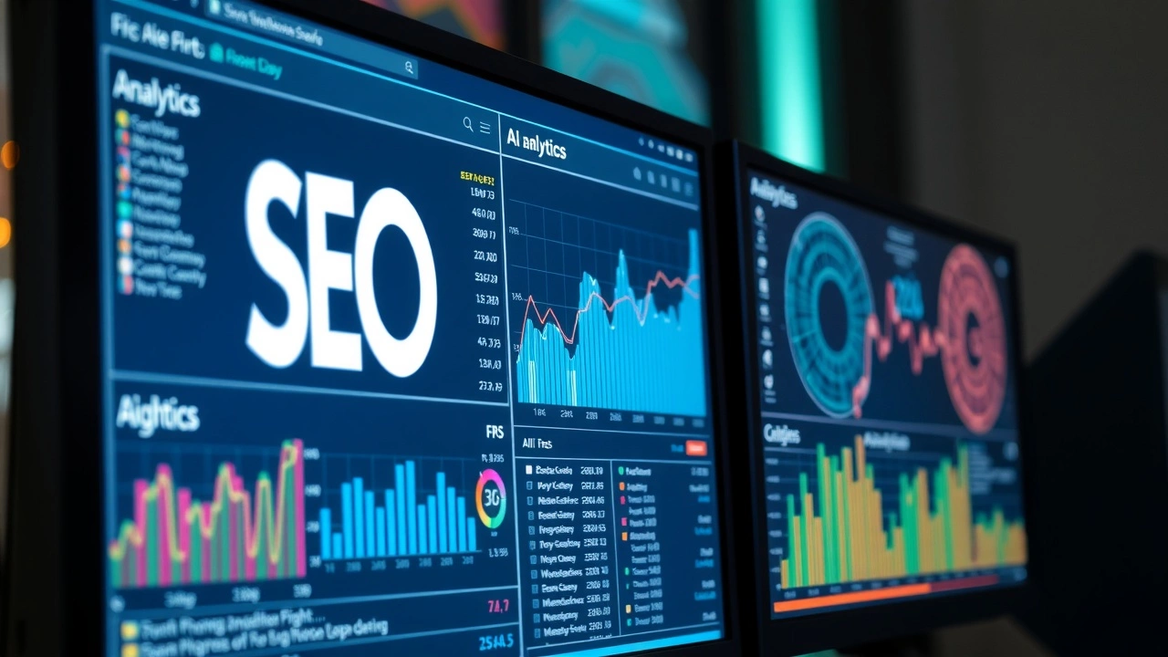 ordinateur affichant des analyses SEO et des algorithmes IA