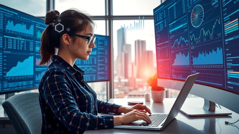 Une analyste de données utilisant l'IA pour transformer les données de trafic en actions SEO dans un bureau moderne.