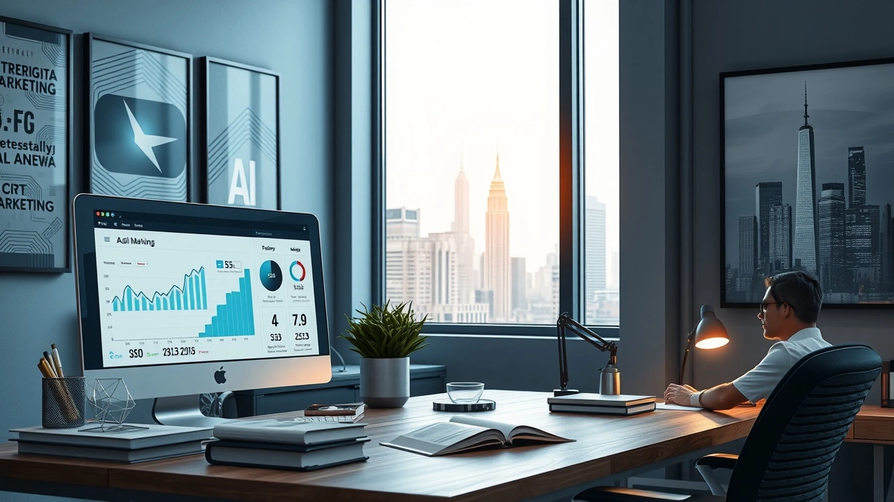 Une scène photoréaliste illustrant l'importance du SEO à l'ère de l'IA dans un bureau moderne.