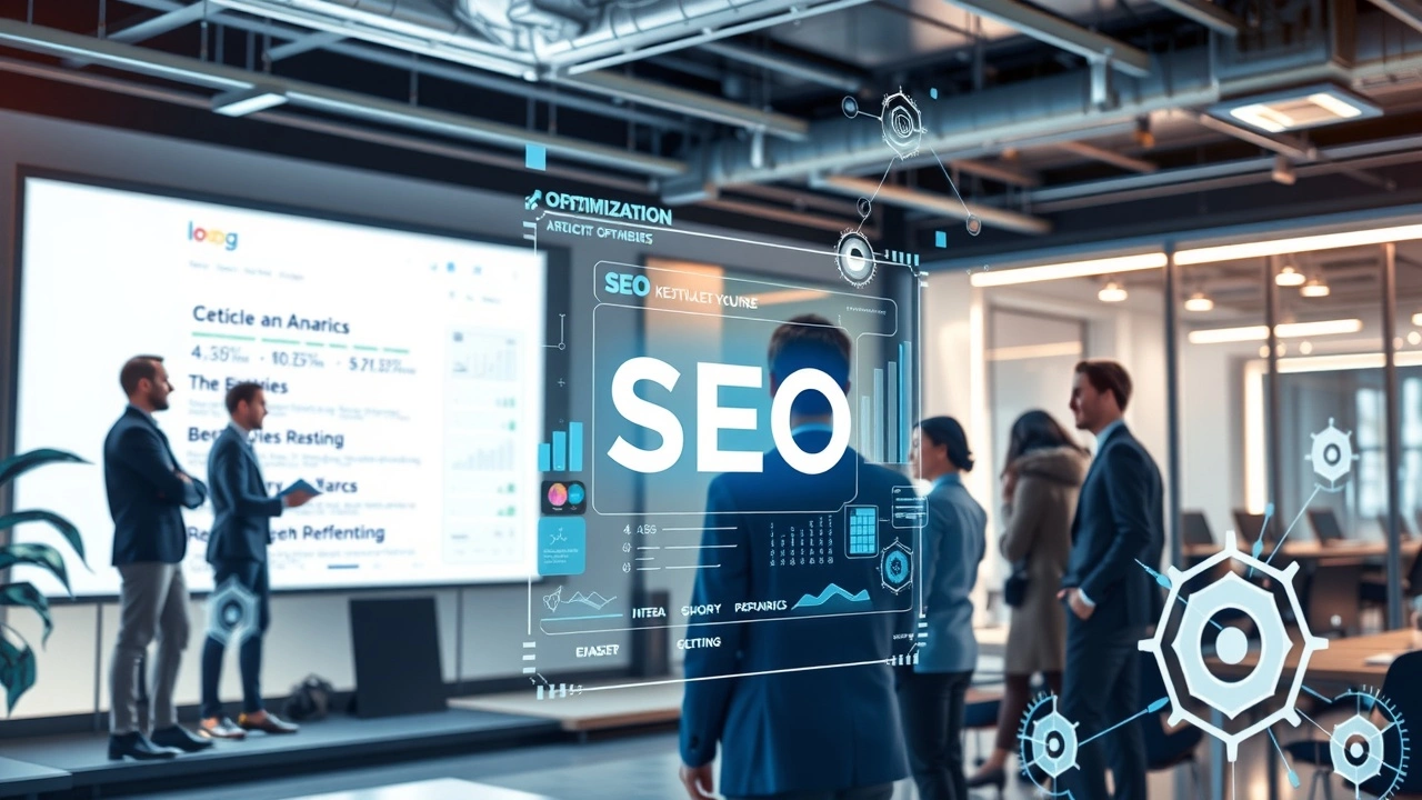 Une illustration photorealiste des concepts du SEO et de l'intelligence artificielle, montrant une équipe travaillant avec des données.