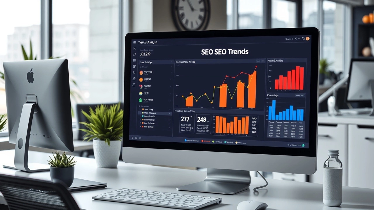 bureau moderne avec un ordinateur affichant des tendances SEO