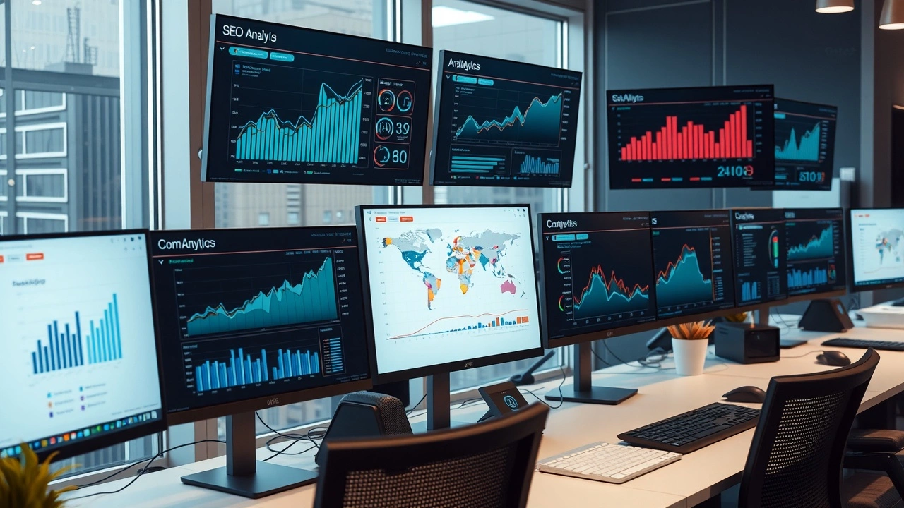 bureau moderne avec des ecrans affichant des analyses SEO