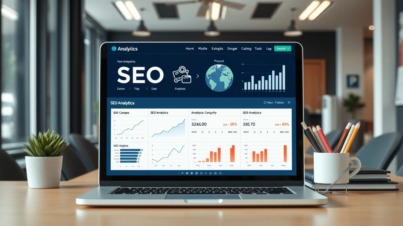 bureau moderne avec ordinateur affichant des analyses SEO
