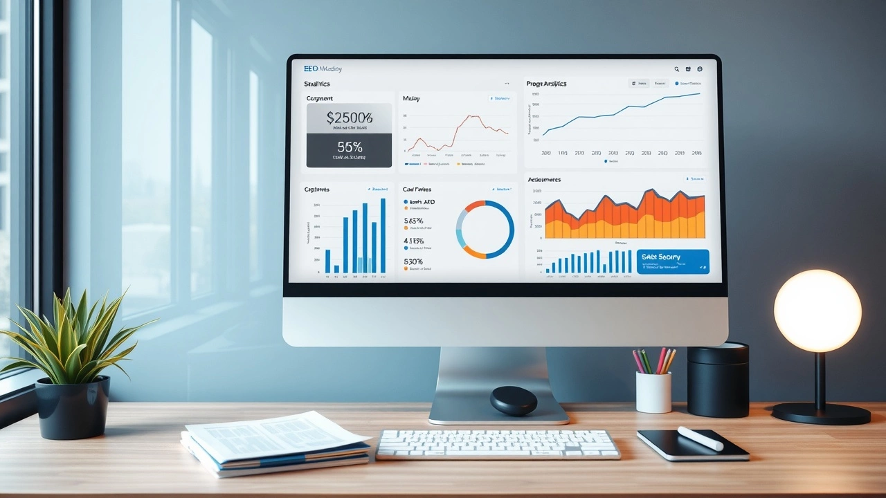 bureau moderne avec ordinateur et outils SEO