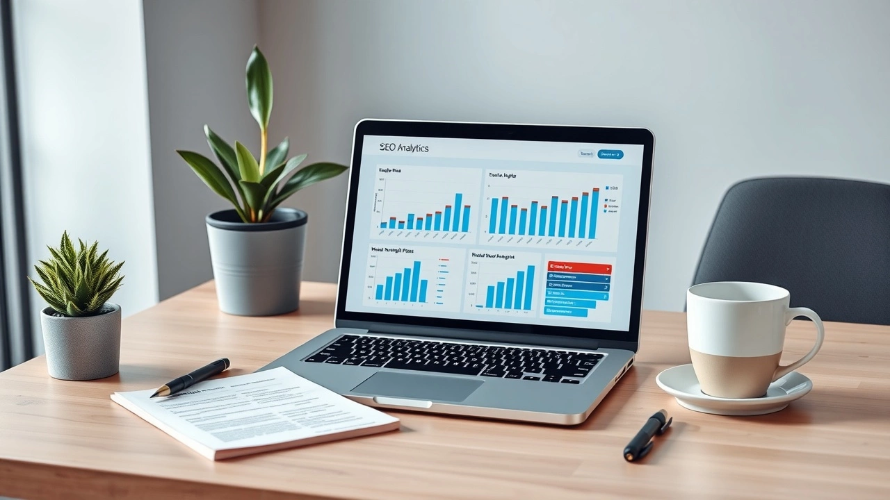 bureau moderne avec un ordinateur et des outils de SEO