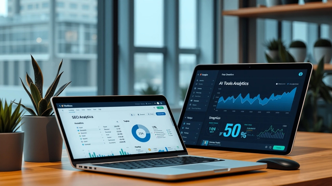 bureau moderne avec ordinateur et outils SEO