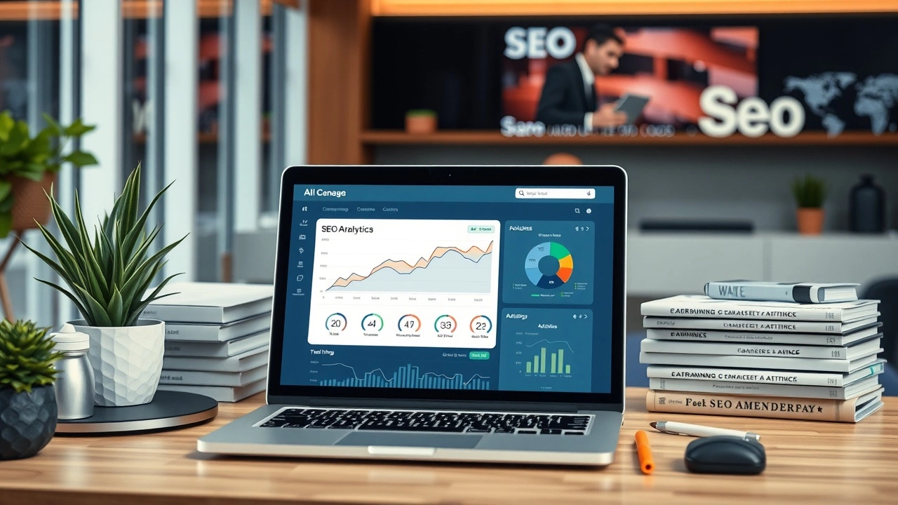 bureau moderne avec ordinateur affichant des outils SEO et IA