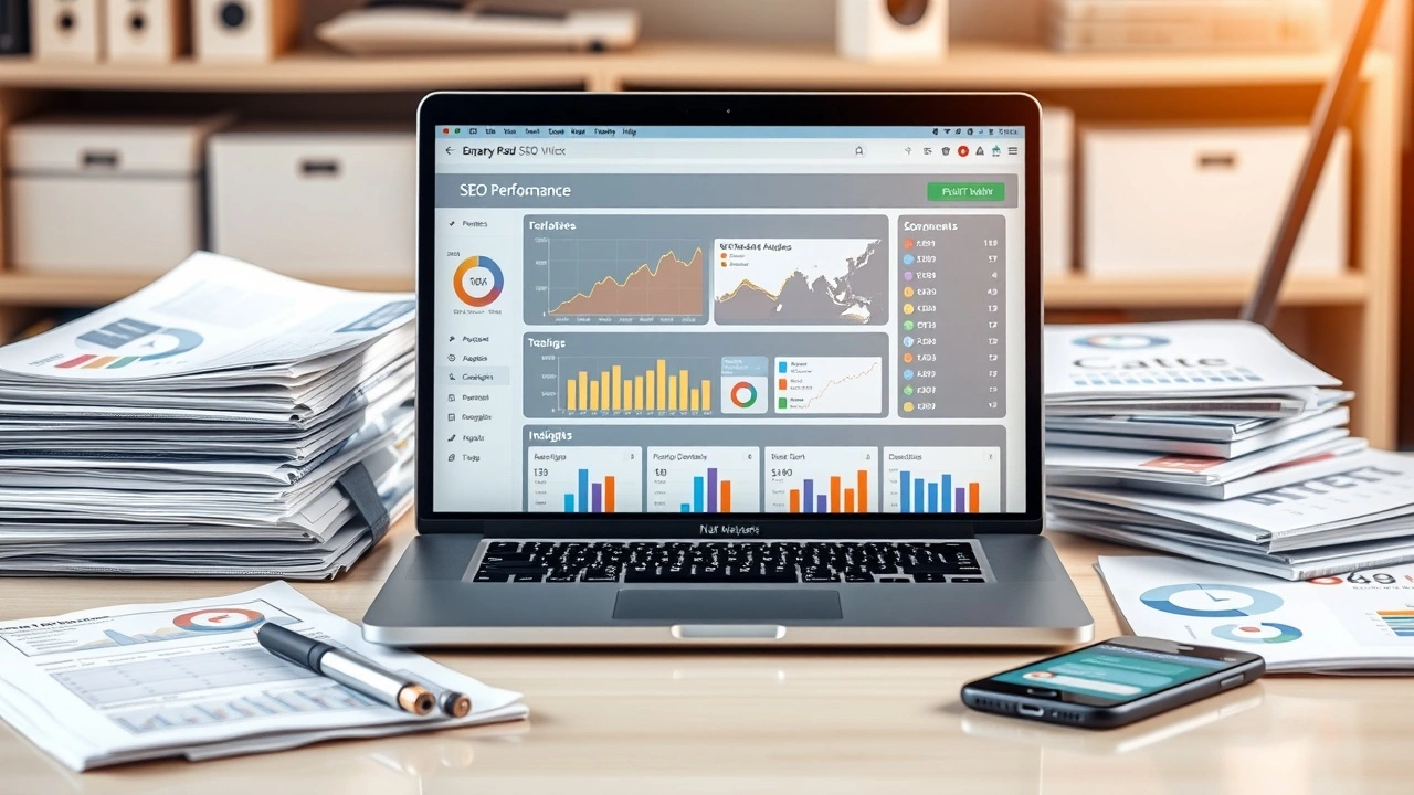 bureau avec ordinateur affichant tableau de bord SEO