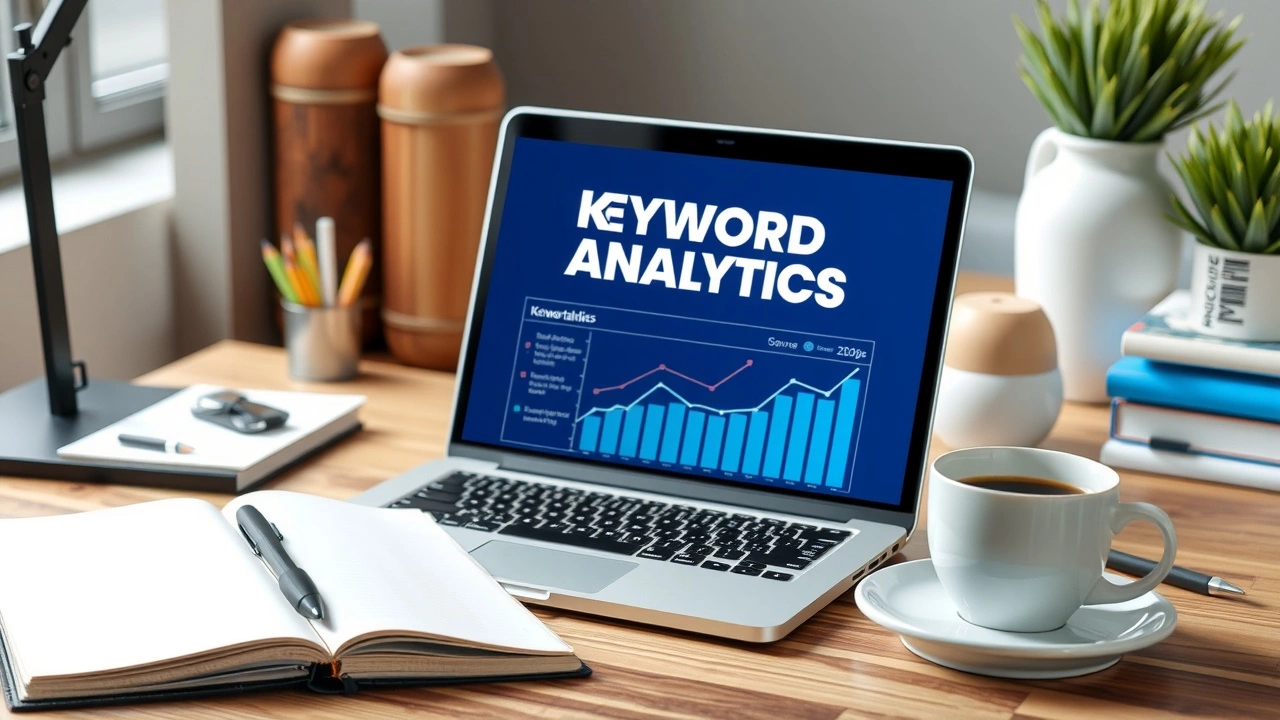 bureau avec ordinateur et outils d'analyse de mots-clés