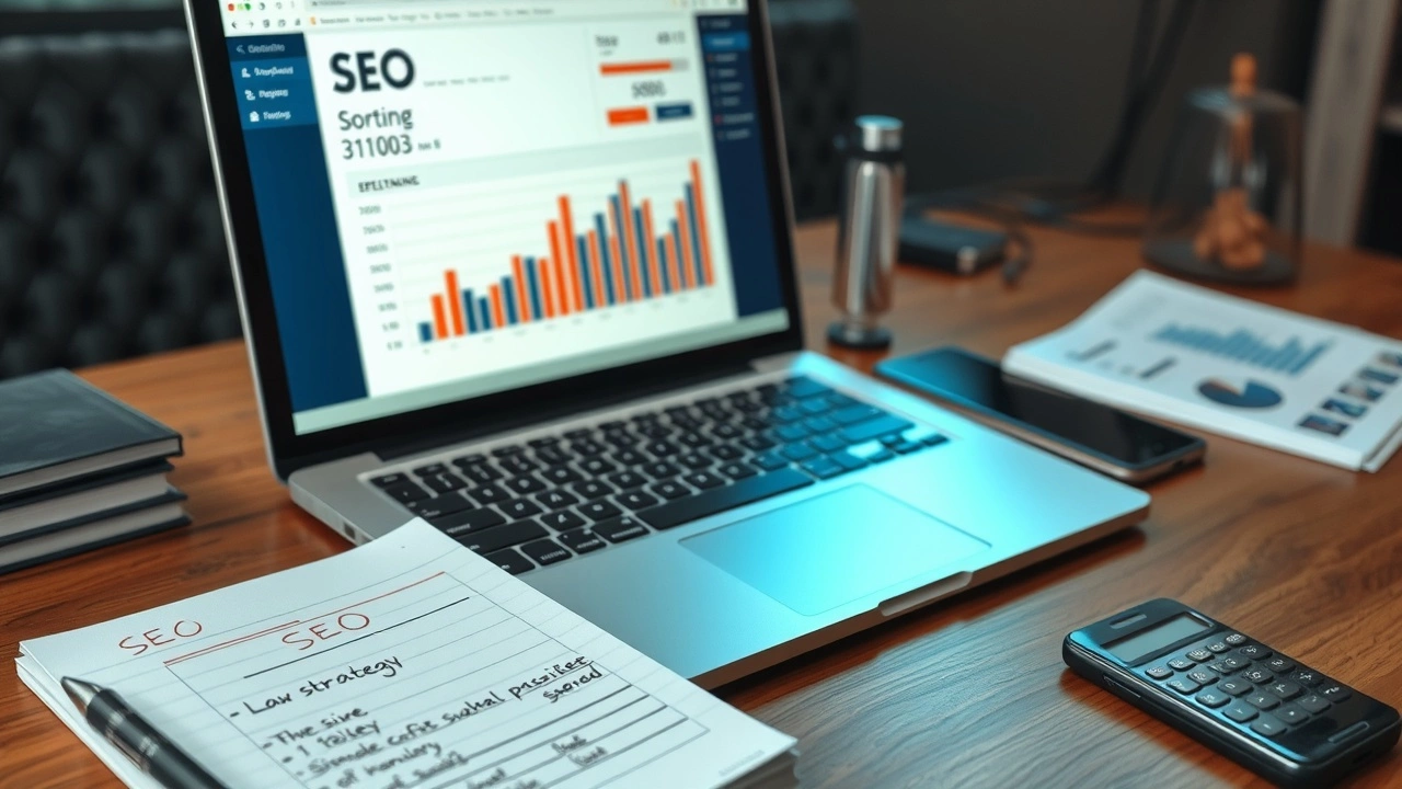 bureau avec ordinateur affichant des statistiques SEO