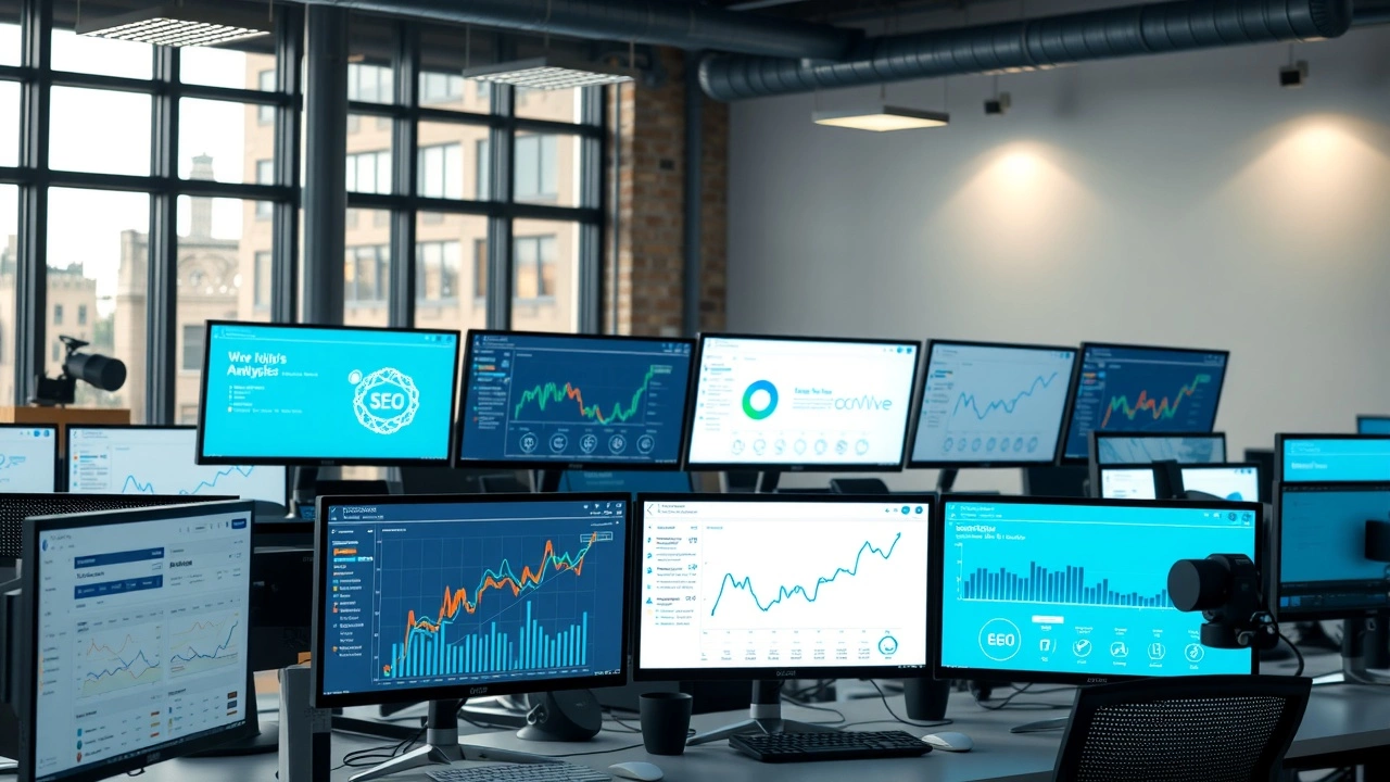 bureau moderne avec outils SEO alimentés par IA