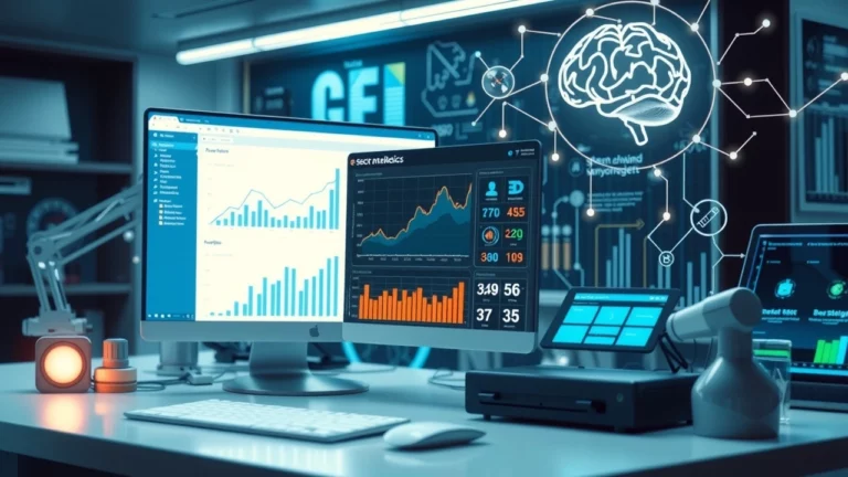 Un bureau moderne avec des outils d'analyse SEO et des éléments d'intelligence artificielle.