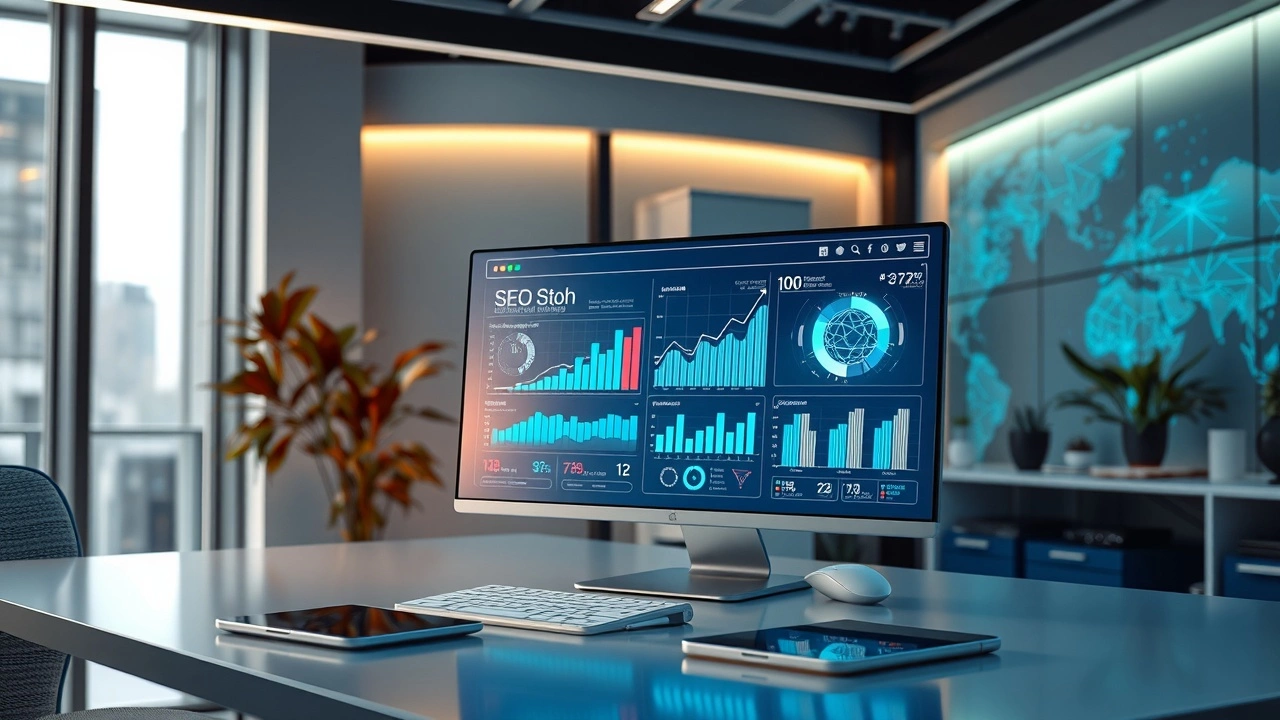 Bureau moderne avec des outils d'IA pour l'optimisation du contenu SEO