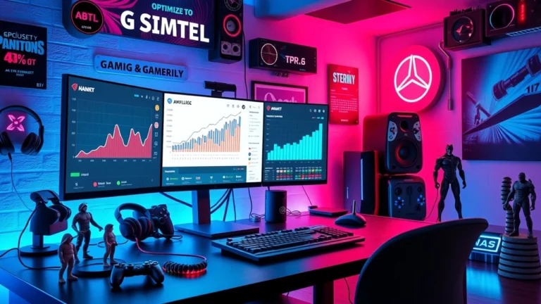 Un bureau moderne dédié à l'optimisation du SEO pour les plateformes de streaming de jeux, avec des écrans affichant des analyses.