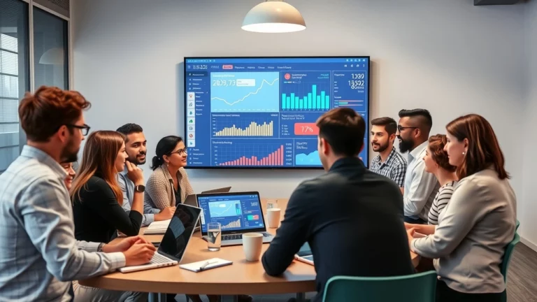 Une équipe travaillant ensemble sur des stratégies SEO avec l'IA dans un bureau moderne.