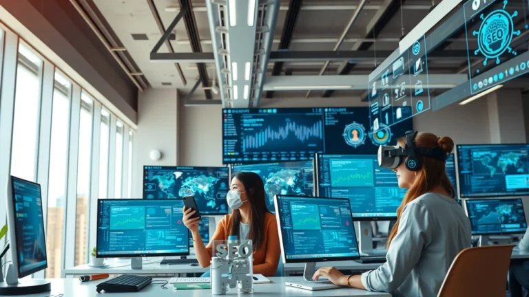 Un bureau futuriste avec des professionnels travaillant sur l'optimisation des sites web utilisant des outils d'IA.