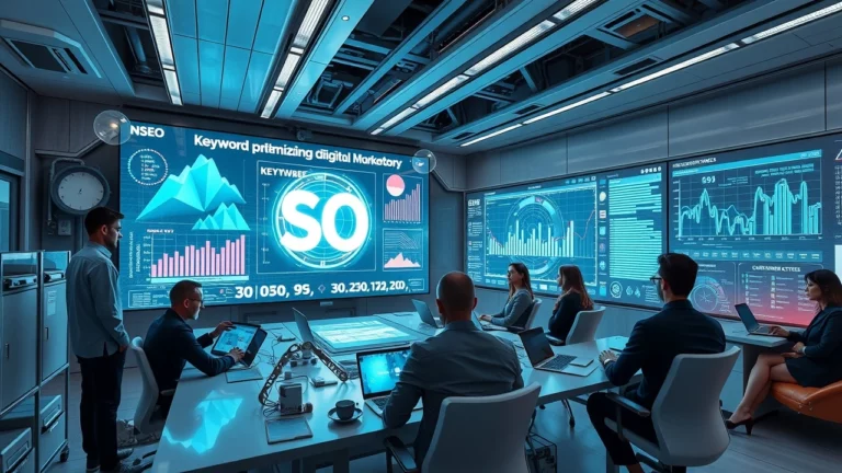 Bureau futuriste avec technologie AI améliorant les stratégies de mots-clés.