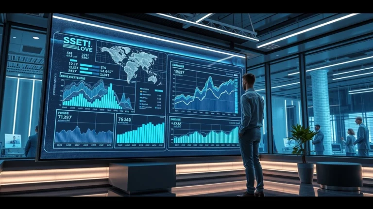 Un bureau futuriste avec une technologie IA innovante pour la recherche de tendances SEO.