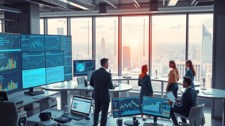 Un bureau futuriste avec des professionnels analysant des tendances SEO à l'aide d'une IA avancée.