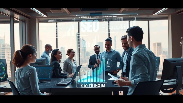 Une illustration d'un bureau futuriste utilisant l'IA pour l'analyse des tendances SEO.