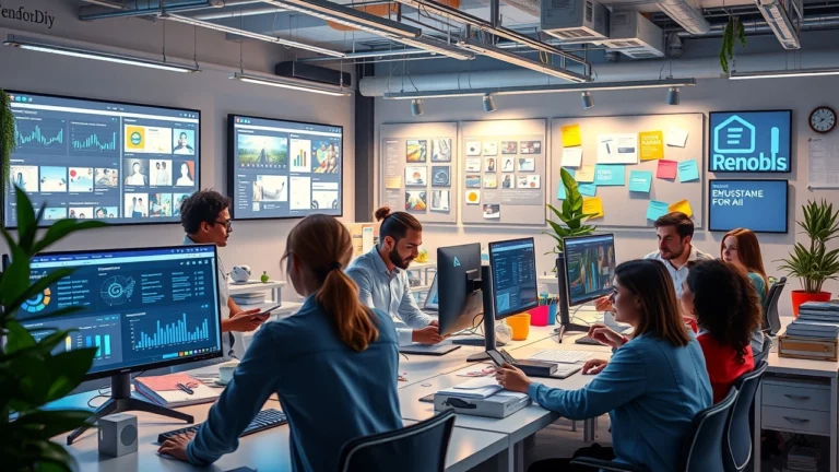 Un bureau futuriste avec des créateurs de contenu utilisant l'IA pour le SEO.