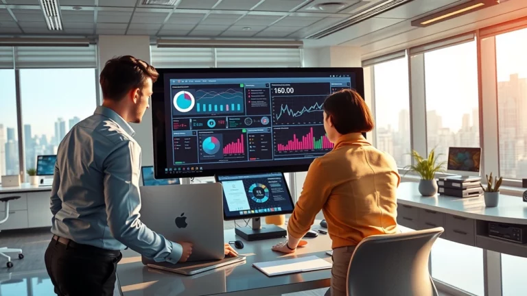 bureau futuriste avec professionnels collaborant sur le référencement SEO et l'IA