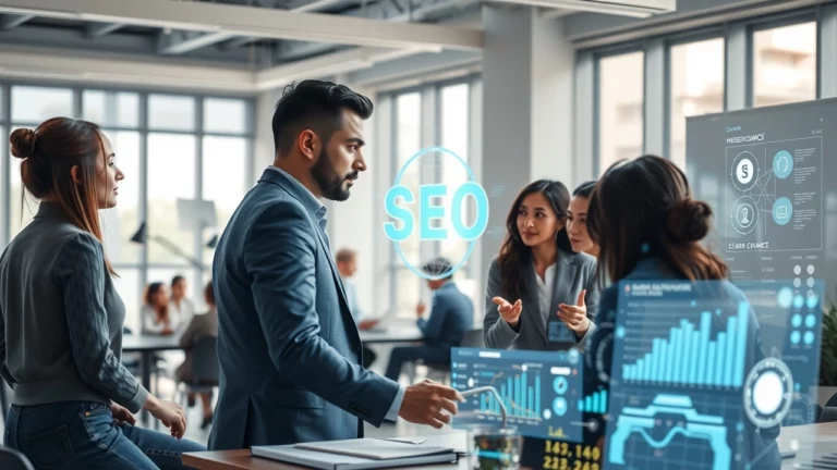 Une image montrant un bureau futuriste où l'IA est intégrée dans les pratiques de SEO, avec des professionnels analysant des données.