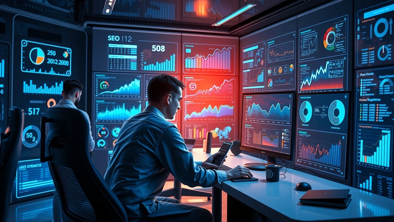 Une image illustrant un bureau futuriste avec une personne utilisant l'IA pour analyser les tendances SEO.