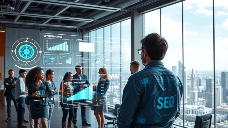 Une scène futuriste montrant des professionnels utilisant l'IA pour analyser le SEO.